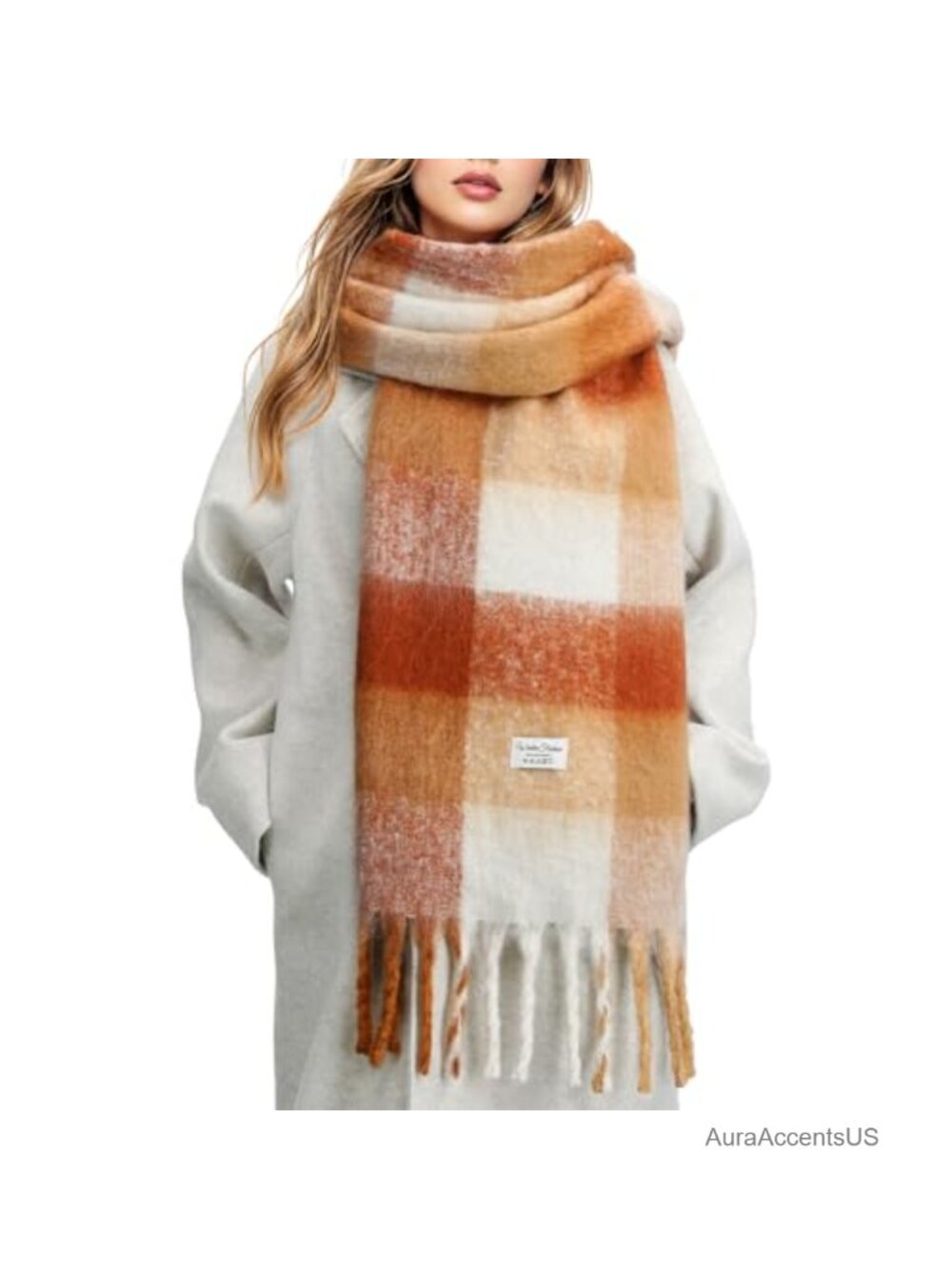 Women's Warm Plaid Winter Scarf with Tassels, Soft Cashmere Feel, 90" Long